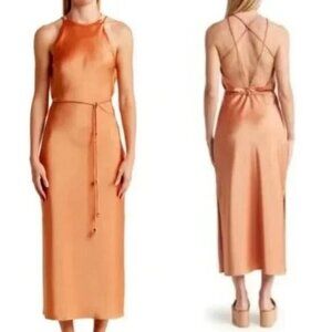 NWT NANUSHKA Narita Apricot Satin Maxi Sheath Dress Sleeveless M MSRP $665